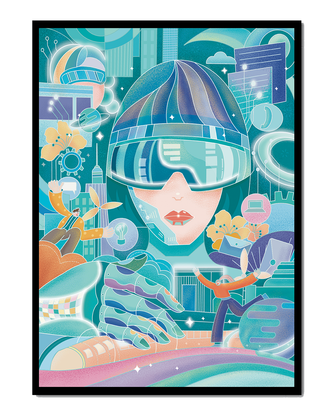 Futuristic digital art with virtual reality and technology themes