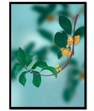 Rama con flores amarillas y hojas verdes sobre un fondo azul claro