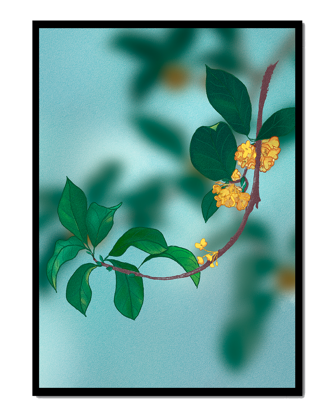 Rama con flores amarillas y hojas verdes sobre un fondo azul claro
