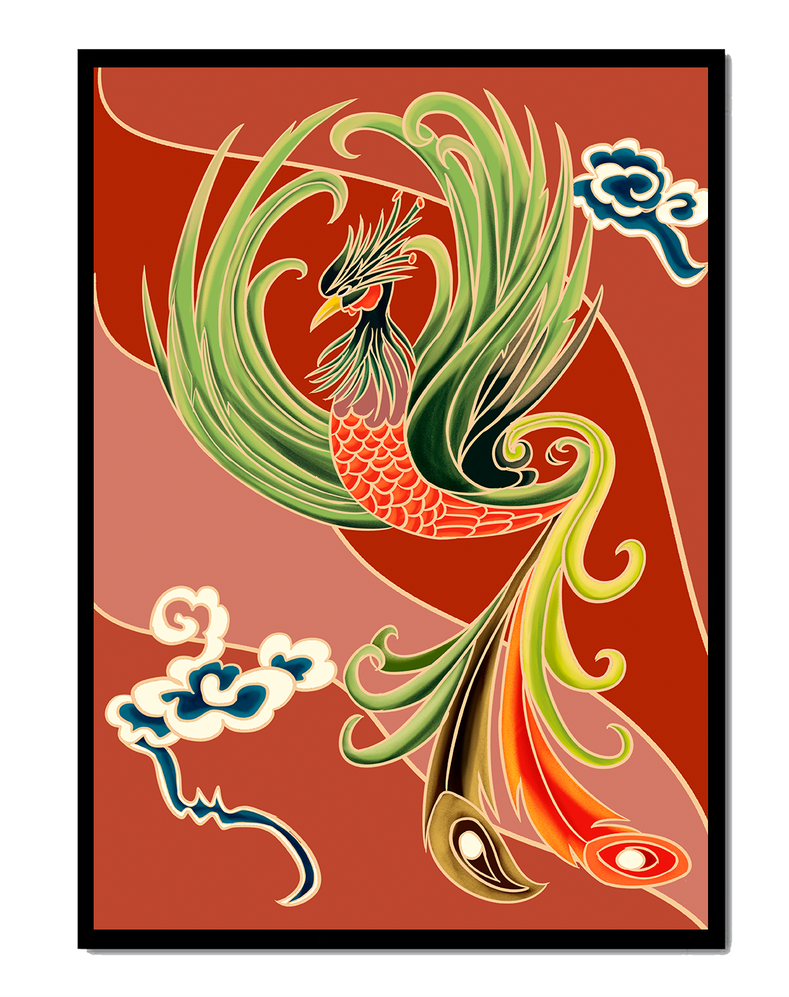 Stylized phoenix illustration with vibrant colors and clouds