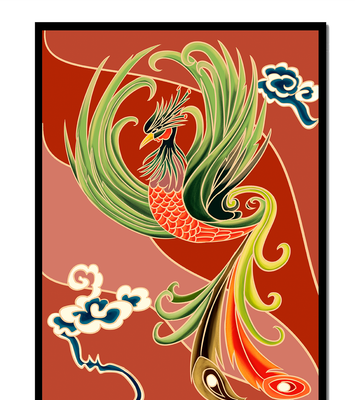 Stylized phoenix illustration with vibrant colors and clouds