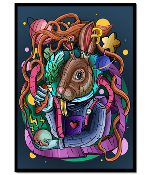 Ilustración abstracta colorida de un conejo en el espacio con pulpo, planetas y zanahoria