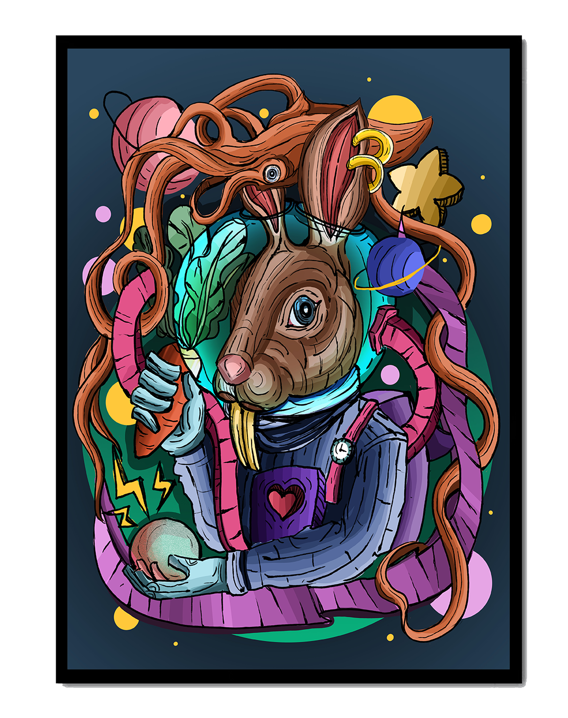 Colorful abstract illustration of a rabbit in space with octopus, planets, and carrot