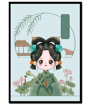 Charming illustration of a cute character in traditional Asian attire with floral elements
