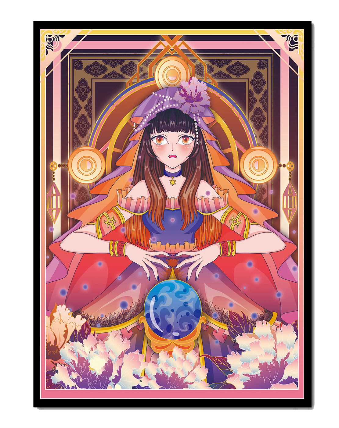 Fantasy Artwork Featuring a Fortune Teller with Crystal Ball and Flowers