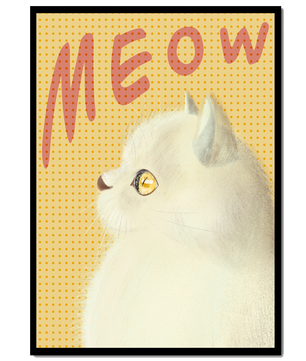 Profile View of a White Cat with Meow Text on Yellow Background