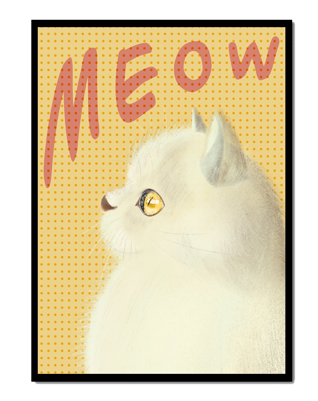 Profile View of a White Cat with Meow Text on Yellow Background