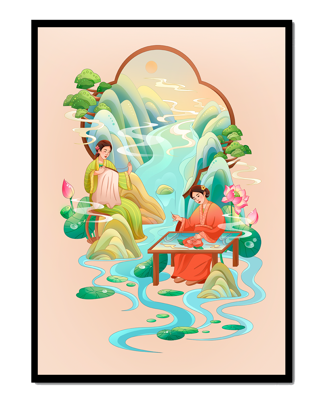 Serene water and nature scene with people in traditional attire