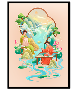 Scène d'eau sereine et de nature avec des personnes en tenue traditionnelle