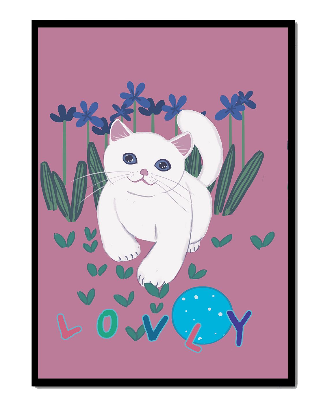 Charming illustration of a white cat in a floral field with playful text