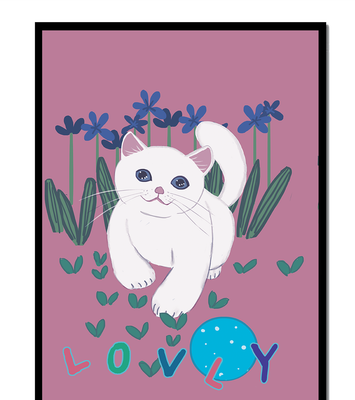 Charming illustration of a white cat in a floral field with playful text