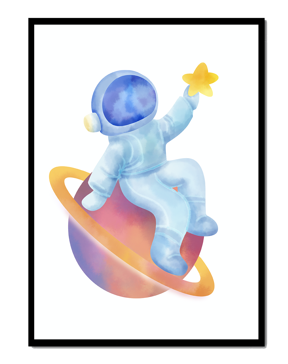 Charming watercolor astronaut sitting on a planet with a star