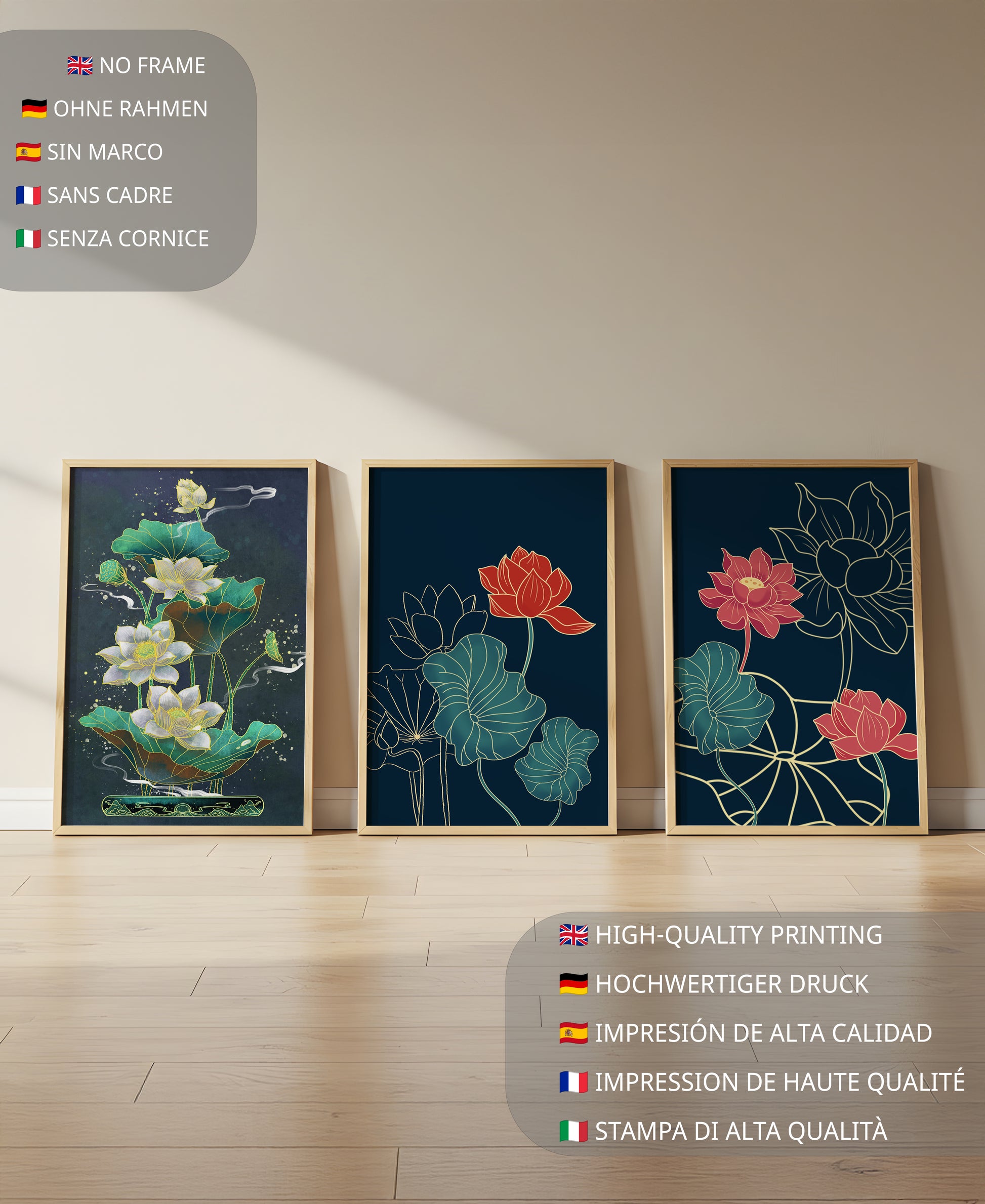 Ensemble d’impressions artistiques de fleurs de lotus dans différents styles