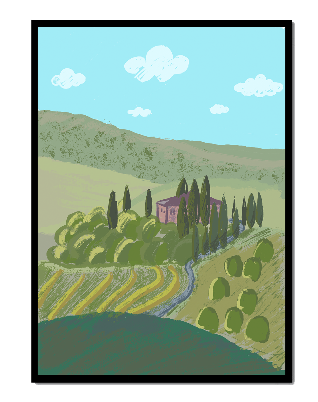 Charming Tuscan Countryside Landscape with Rolling Hills and Cypress Trees