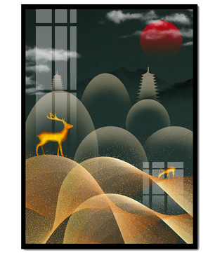 Golden Deer on Abstract Landscape with Red Sun and Pagoda