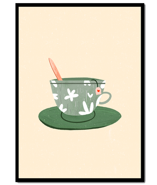 Illustration of a Green Floral Tea Cup with a Tea Bag and Spoon - Mi tienda