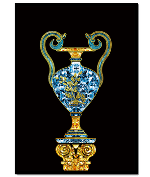 Jarrón elegante incrustado de joyas con acentos dorados y azules sobre fondo negro