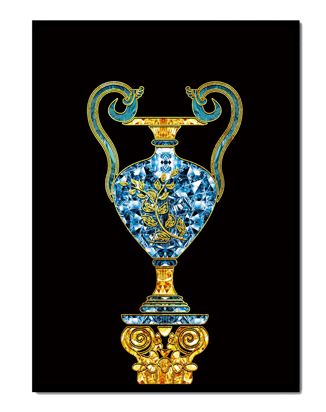 Elegante jarrón con incrustaciones de joyas y detalles dorados y azules sobre fondo negro