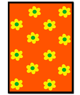 Buntes Blumenmuster mit gelben Blumen auf orangefarbenem Hintergrund