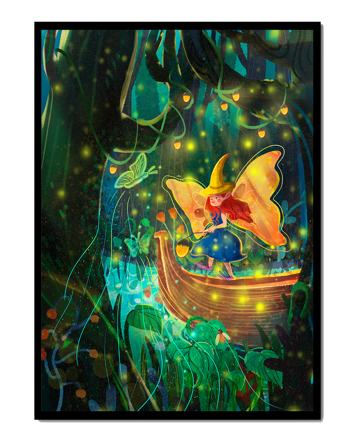 Fairy in an enchanted forest with glowing butterflies and lanterns