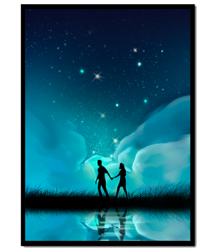 Pareja romántica paseando bajo la noche estrellada con reflejos celestiales