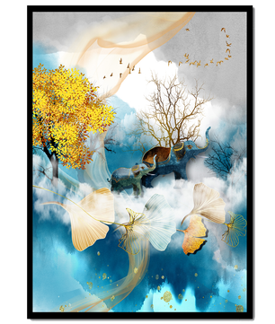 Surreal Nature Scene with Elephants and Golden Leaves