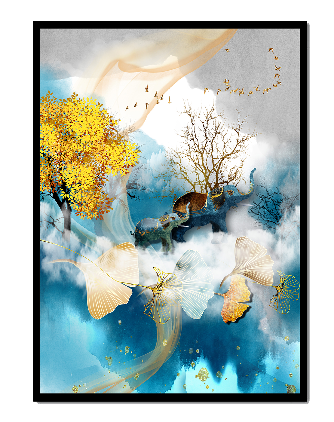 Escena surrealista de la naturaleza con elefantes y hojas doradas