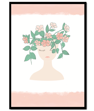 Illustration of a Minimalist Face with Floral Headpiece and Pink Background
