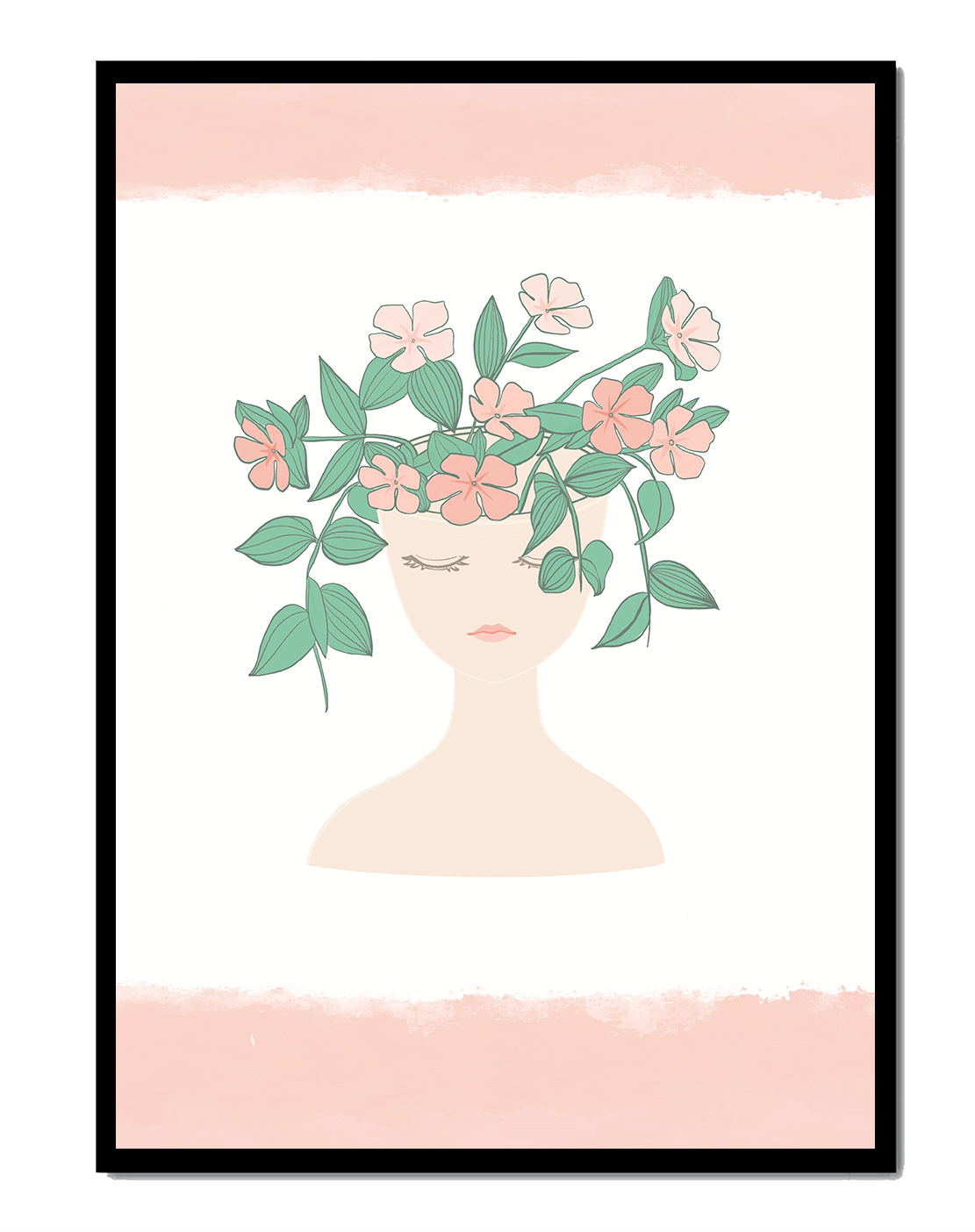 Illustration of a Minimalist Face with Floral Headpiece and Pink Background