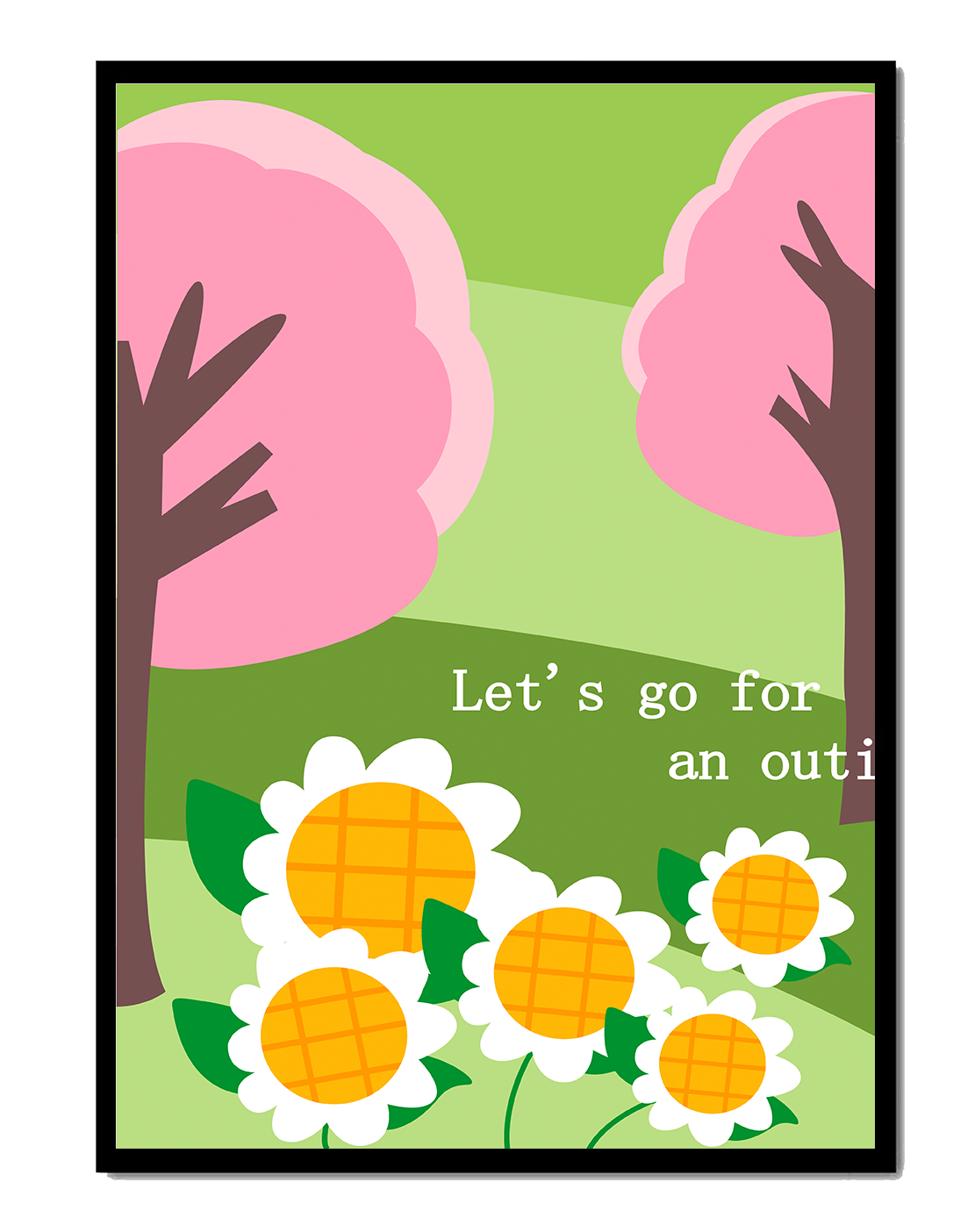 Charming spring landscape with pink trees and daisies