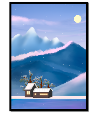 Paysage de montagne enneigée avec des maisons et des arbres sous la lumière de la lune
