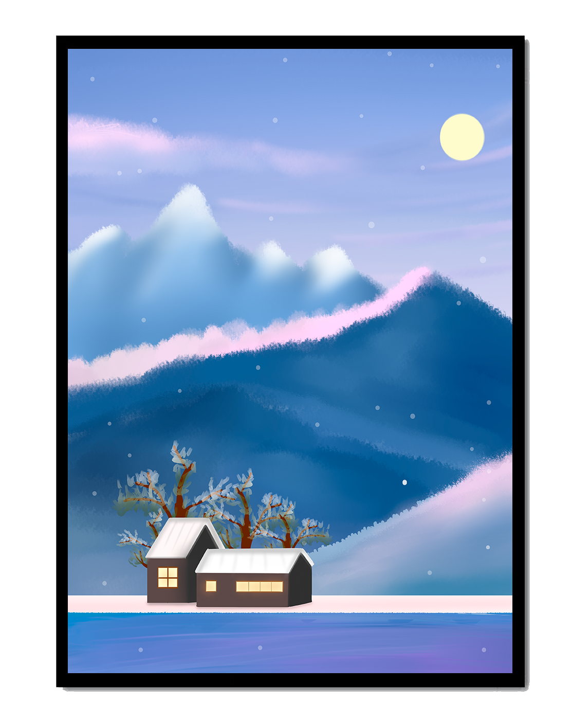 Paysage de montagne enneigée avec des maisons et des arbres sous la lumière de la lune