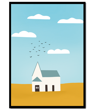 Paisaje minimalista con una casa blanca y cielo