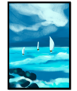 Paisaje marino con veleros navegando olas azules bajo un cielo dramático