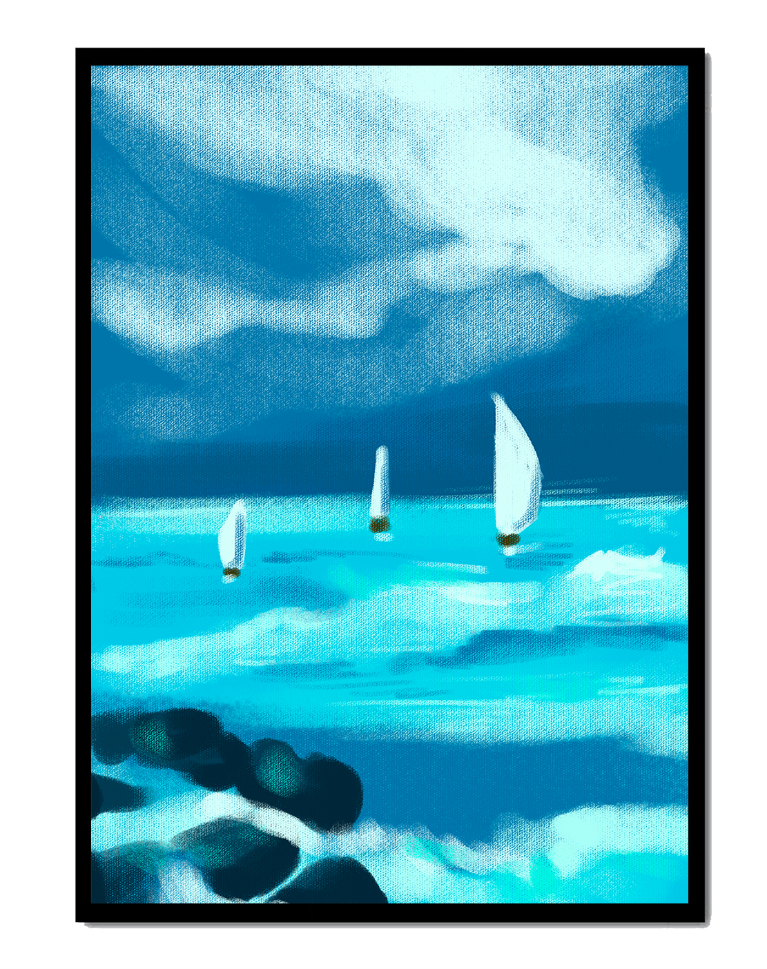 Seascape with sailboats navigating blue waves under a dramatic sky