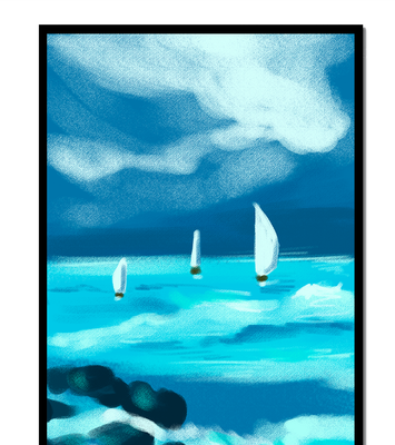 Seascape with sailboats navigating blue waves under a dramatic sky
