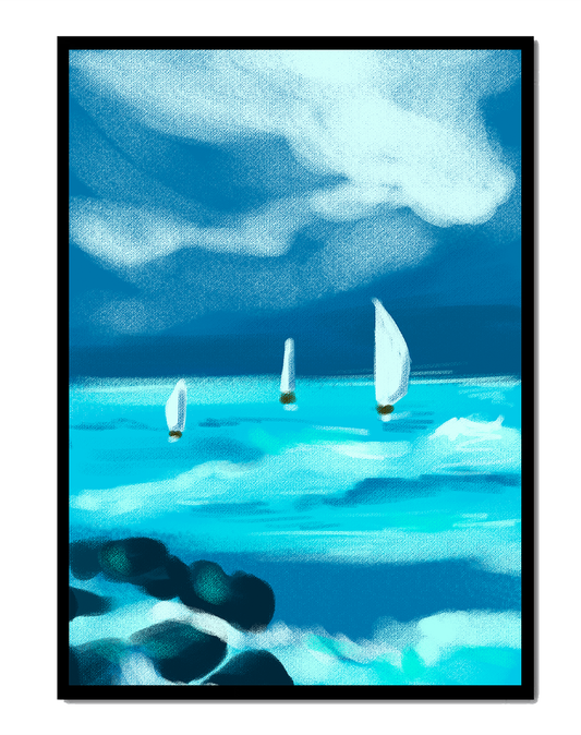 Seascape with sailboats navigating blue waves under a dramatic sky