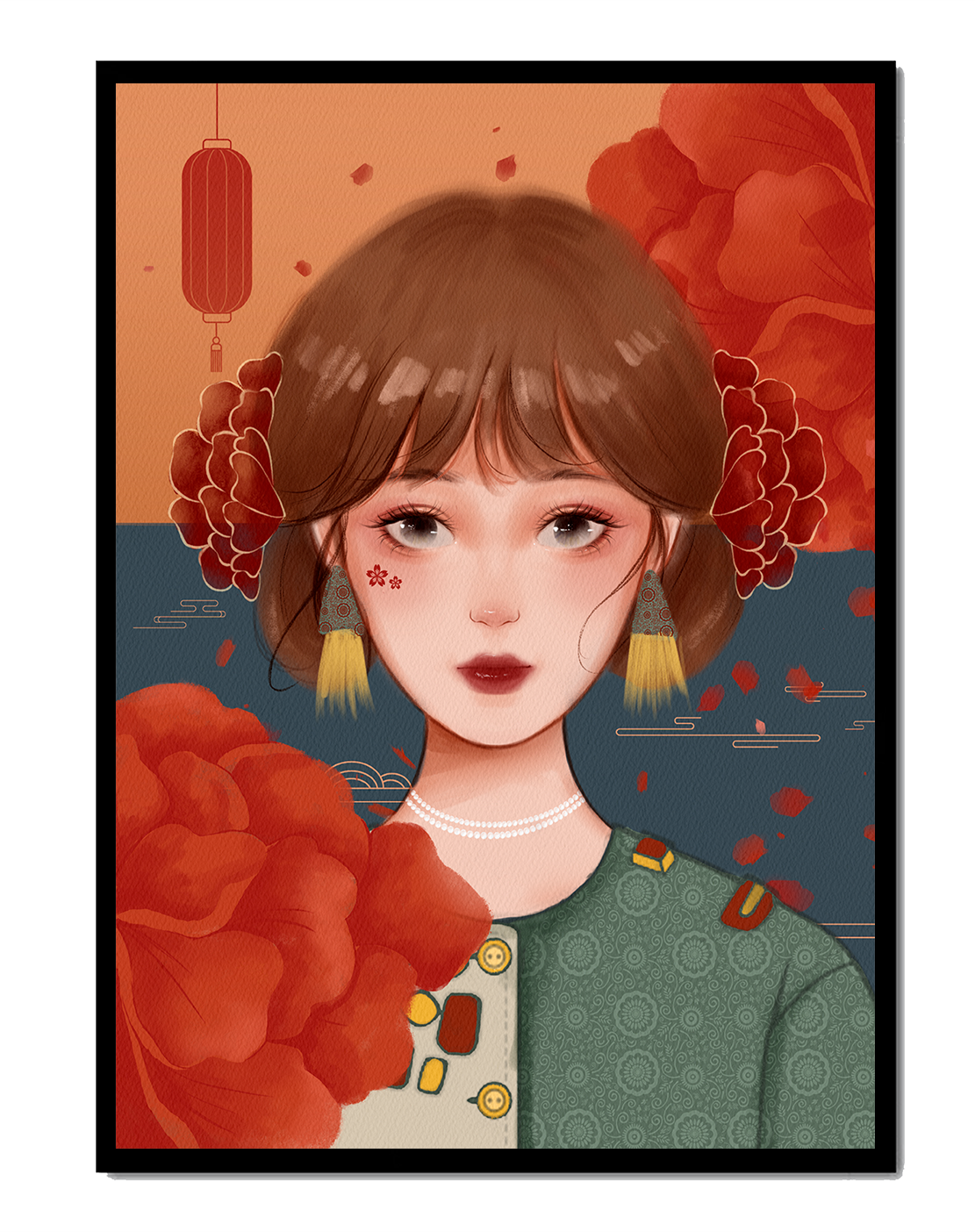 Illustration of a woman adorned with floral elements and traditional accessories