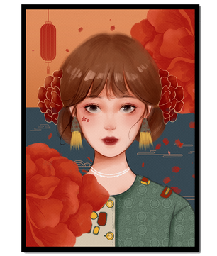 Illustration of a woman adorned with floral elements and traditional accessories