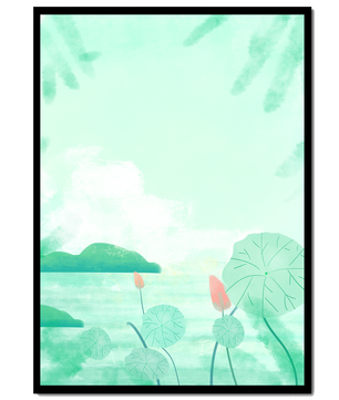 Paisaje de acuarela verde con nenúfares y colinas