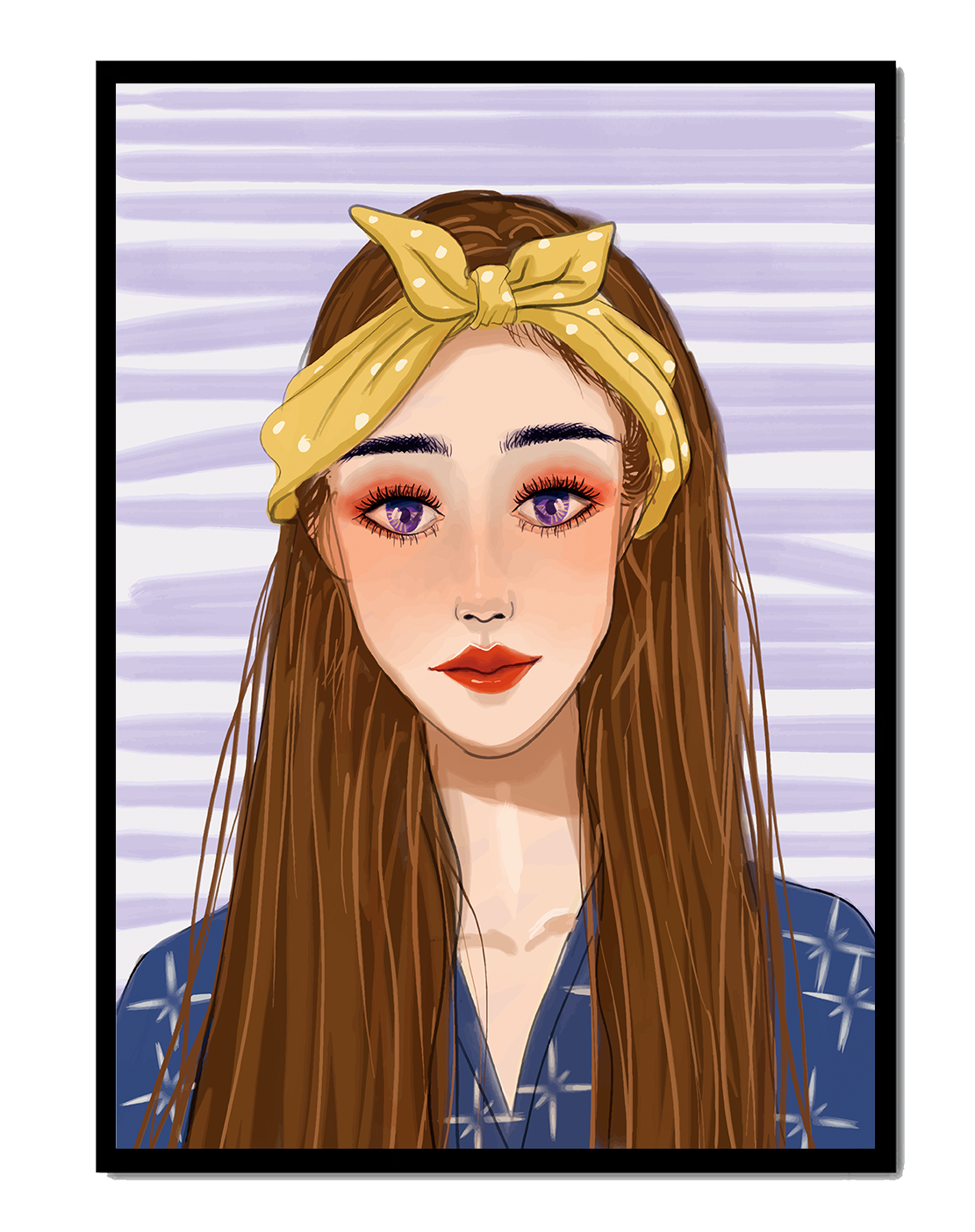 Illustration of a woman with a yellow headband against a striped background