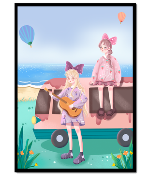 Serene beach scene with whimsical characters and hot air balloons