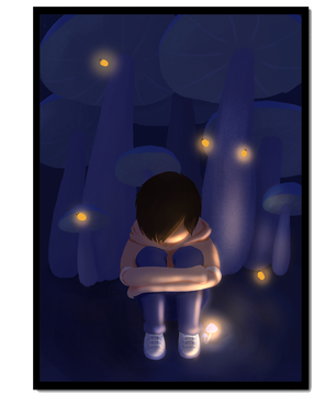 Paysage nocturne serein avec un personnage réfléchi au milieu de vers luisants et de champignons