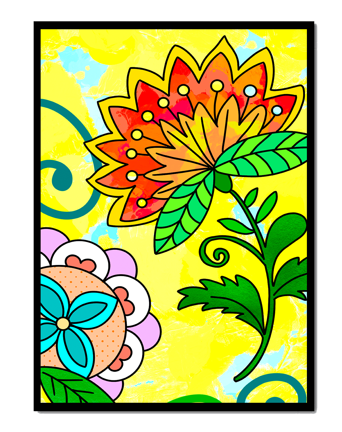 Colorful abstract floral illustration with bright yellow background