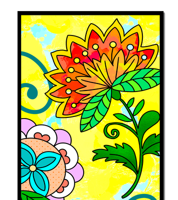 Colorful abstract floral illustration with bright yellow background