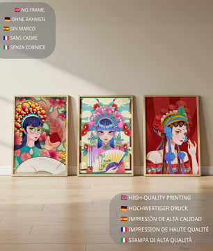Bunte Postermotive im asiatischen Stil für modernes Interieur
