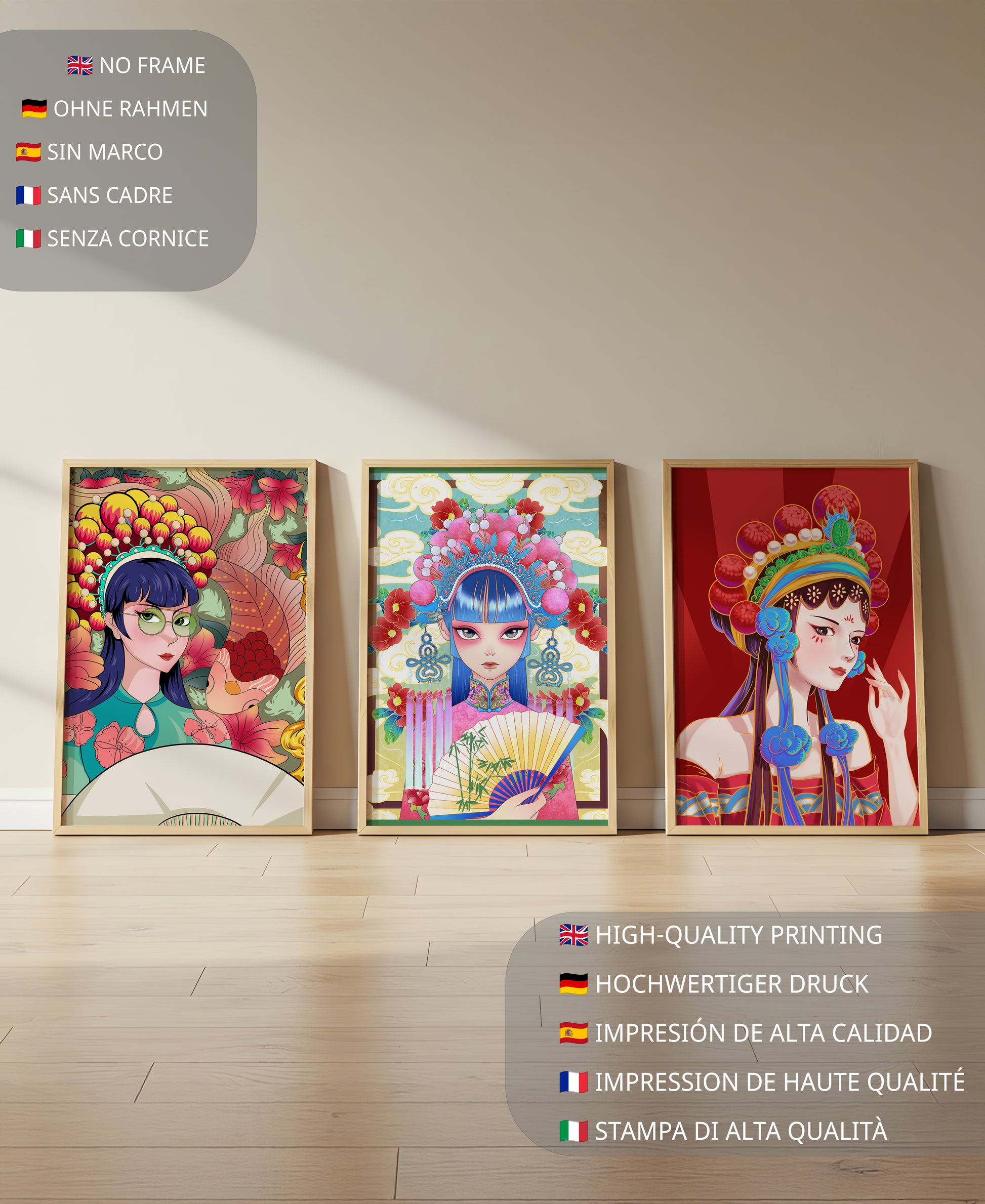 Bunte Postermotive im asiatischen Stil für modernes Interieur