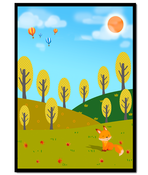 Whimsical landscape with hot air balloons and a fox in autumn scenery