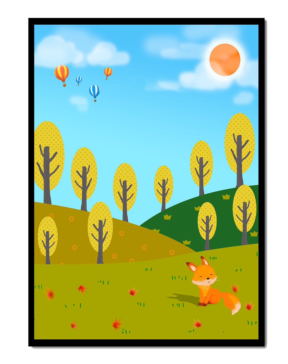 Whimsical landscape with hot air balloons and a fox in autumn scenery