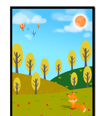 Whimsical landscape with hot air balloons and a fox in autumn scenery